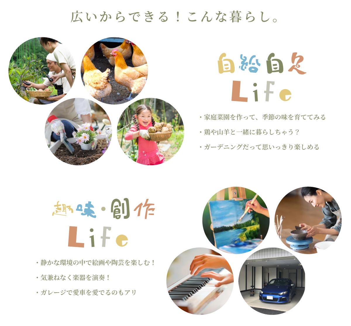 美都住販　悠遊　津久井　土地 広いからできる！　こんな暮らし。　自給自足Life ・家庭菜園を作って、季節の味を育ててみる ・鶏や山羊と一緒に暮らしちゃう？ ・ガーデニングだって思いっきり楽しめる 趣味・創作Life ・静かな環境の中で絵画や陶芸を楽しむ！ ・気兼ねなく楽器を演奏！ ・ガレージで愛車を愛でるのもアリ