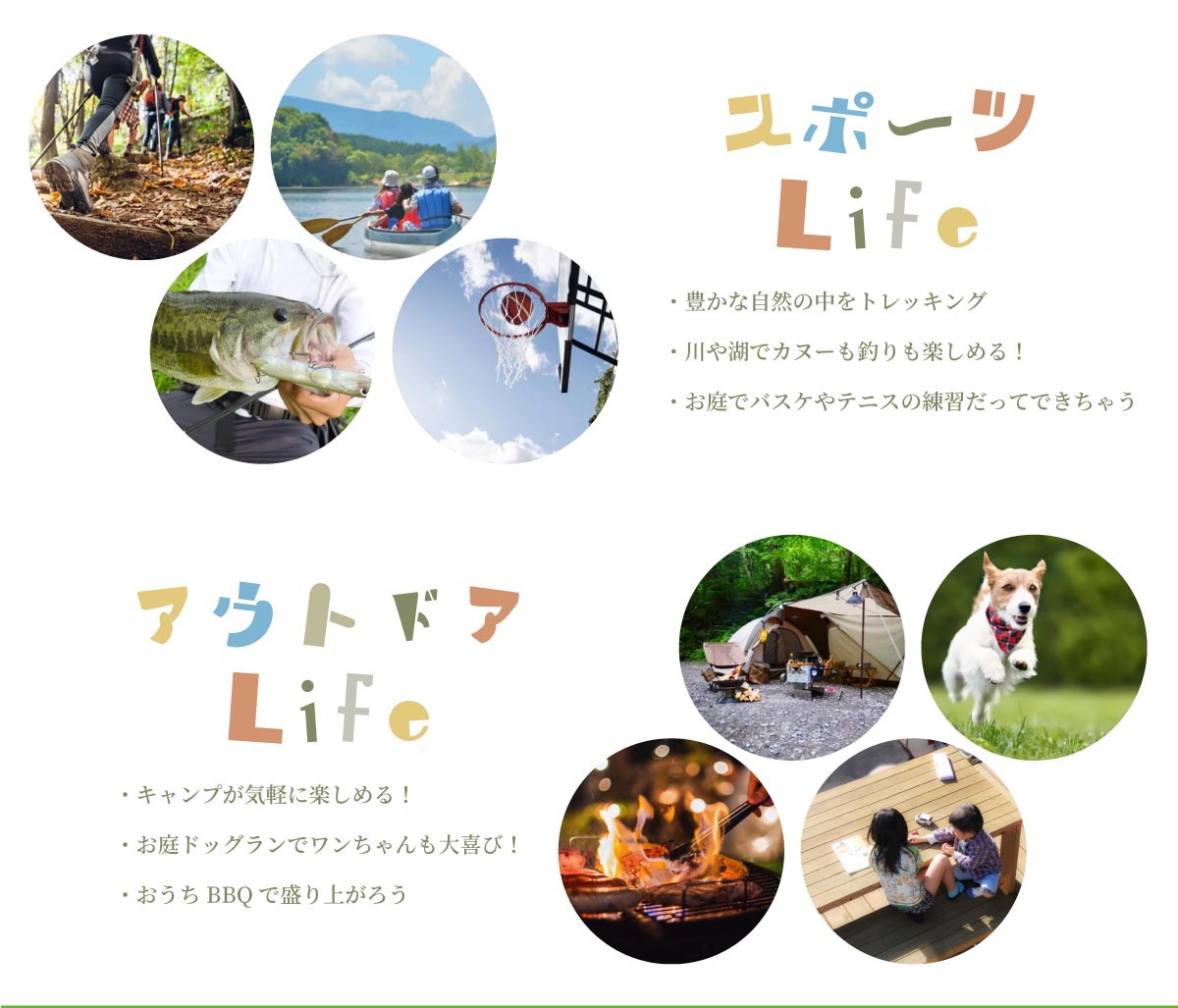 美都住販　悠遊　津久井　土地 スポーツLife ・豊かな自然の中をトレッキング ・川や湖でカヌーも釣りも楽しめる！ ・お庭でバスケやテニスの練習だってできちゃう アウトドアLife ・キャンプが気軽に楽しめる！ ・お庭ドッグランでワンちゃんも大喜び！ ・おうちBBQで盛り上がろう