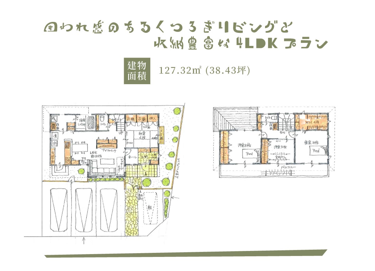 美都住販　悠遊　津久井 囲われ感のあるくつろぎリビングに　各居室を広めにとった収納豊富な4LDKプラン　建物面積　127.32㎡ (38.43坪)　土地