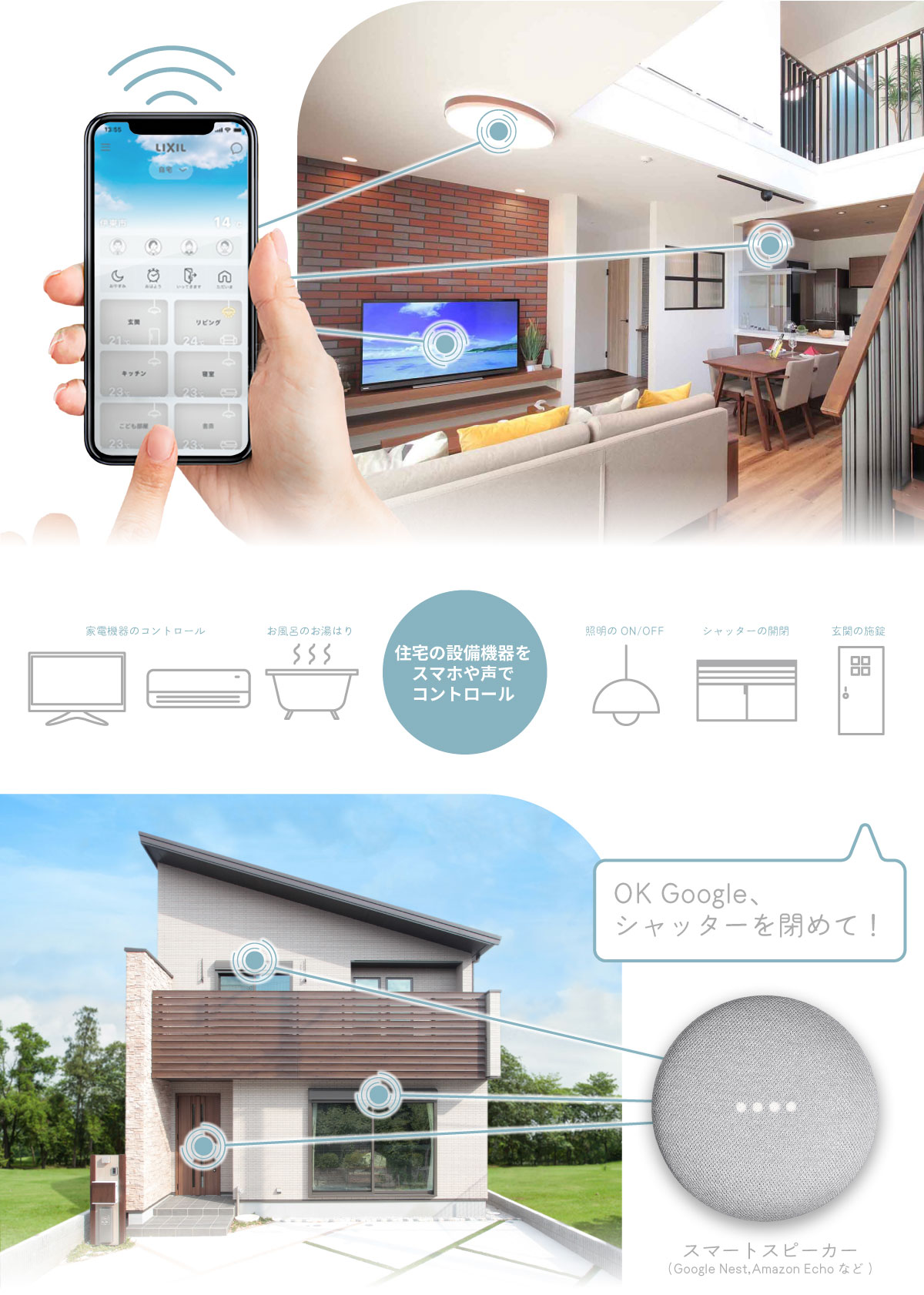 美都住販　IoT スマートホーム　LIXIL ライフアシスト2　建売 家電機器のコントロール　お風呂のお湯はり　住宅の設備機器をスマホや声でコントロール　照明のON／OFF　シャッターの開閉　玄関の施錠　OK Google、シャッターを閉めて！　スマートスピーカー(Google Nest,Amazon Echoなど)
