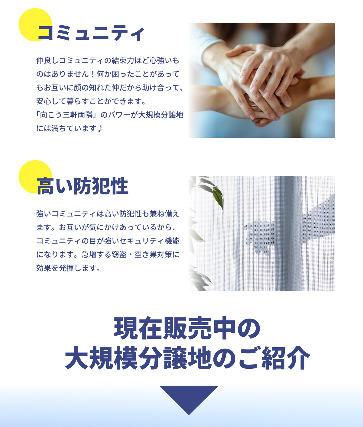 美都住販　コミュニティ　仲良しコミュニティの結束力ほど心強いものはありません！何か困ったことがあってもお互いに顔の知れた仲だから助け合って、安心して暮らすことができます。 「向こう三軒両隣」のパワーが大規模分譲地には満ちています♪　高い防犯性　強いコミュニティは高い防犯性も兼ね備えます。お互いが気にかけあっているから、コミュニティの目が強いセキュリティ機能になります。急増する窃盗・空き巣対策に効果を発揮します。　現在販売中の 大規模分譲地のご紹介