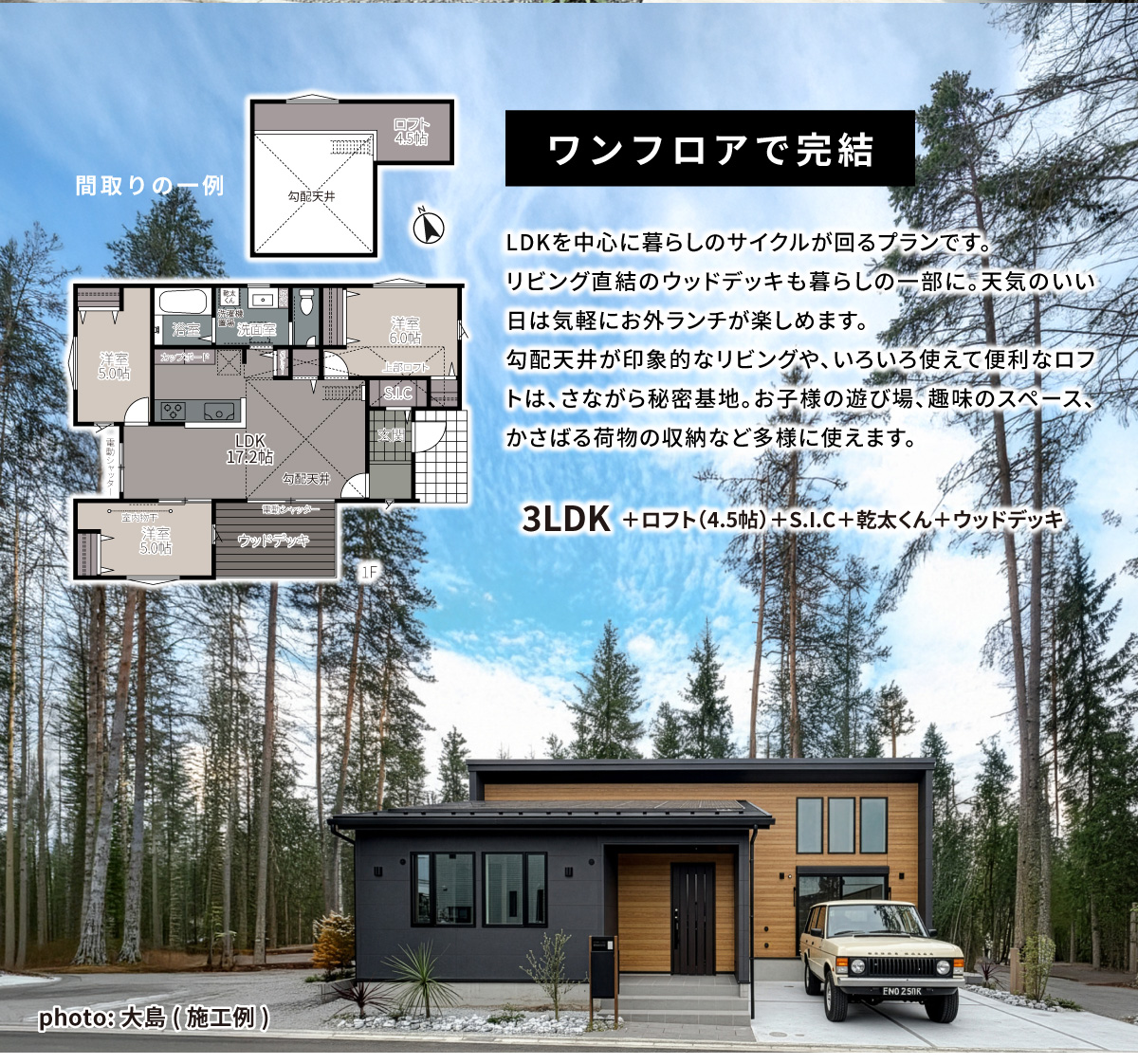 美都住販　平屋　建売　新築　ワンフロアで完結　LDKを中心に暮らしのサイクルが回るプランです。 リビング直結のウッドデッキも暮らしの一部に。天気のいい日は気軽にお外ランチが楽しめます。 勾配天井が印象的なリビングや、いろいろ使えて便利なロフトは、さながら秘密基地。お子様の遊び場、趣味のスペース、かさばる荷物の収納など多様に使えます。　3LDK＋ロフト（4.5帖）＋S.I.C＋乾太くん＋ウッドデッキ