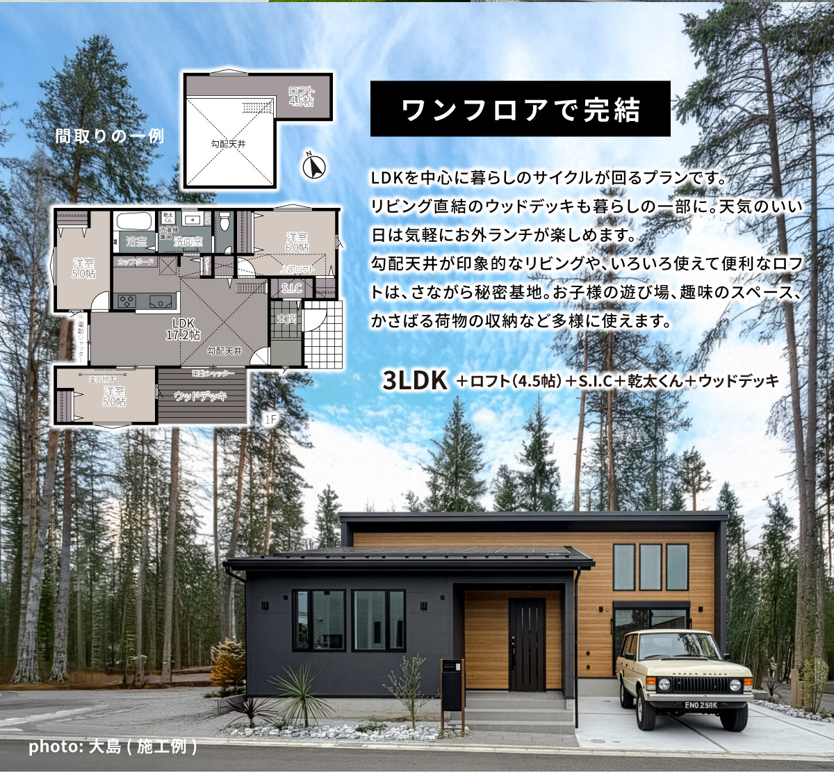 美都住販　平屋　建売　新築　ワンフロアで完結　LDKを中心に暮らしのサイクルが回るプランです。 リビング直結のウッドデッキも暮らしの一部に。天気のいい日は気軽にお外ランチが楽しめます。 勾配天井が印象的なリビングや、いろいろ使えて便利なロフトは、さながら秘密基地。お子様の遊び場、趣味のスペース、かさばる荷物の収納など多様に使えます。　3LDK＋ロフト（4.5帖）＋S.I.C＋乾太くん＋ウッドデッキ