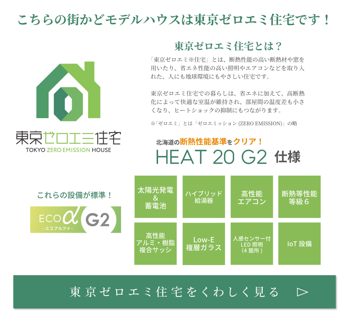 美都住販　南町田　グランベリーパーク　建売　モデルハウス　こちらの街かどモデルハウスは東京ゼロエミ住宅です！　東京ゼロエミ住宅とは？　「東京ゼロエミ※住宅」とは、断熱性能の高い断熱材や窓を用いたり、省エネ性能の高い照明やエアコンなどを取り入れた、人にも地球環境にもやさしい住宅です。 東京ゼロエミ住宅での暮らしは、省エネに加えて、高断熱化によって快適な室温が維持され、部屋間の温度差も小さくなり、ヒートショックの抑制にもつながります。　※「ゼロエミ」とは「ゼロエミッション(ZERO EMISSION)」の略　北海道の断熱性能基準をクリア！　HEAT 20 G2仕様　これらの設備が標準！　ハイブリッド給湯器　人感センサー付LED照明（4箇所)　IoT設備高性能　アルミ・樹脂　複合サッシLow-E　複層ガラス　断熱等性能　等級６高性能　エアコン太陽光発電＆蓄電池　東京ゼロエミ住宅を詳しく見る