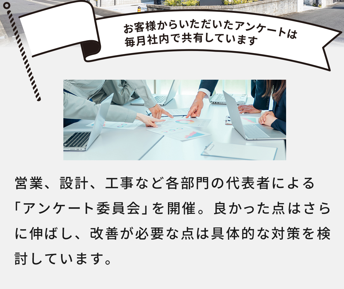 お客様からいただいたアンケートは毎月社内で共有しています。営業、設計、工事など各部門の代表者による「アンケート委員会」を開催。良かった点はさらに伸ばし、改善が必要な点は具体的な対策を検討しています。 
