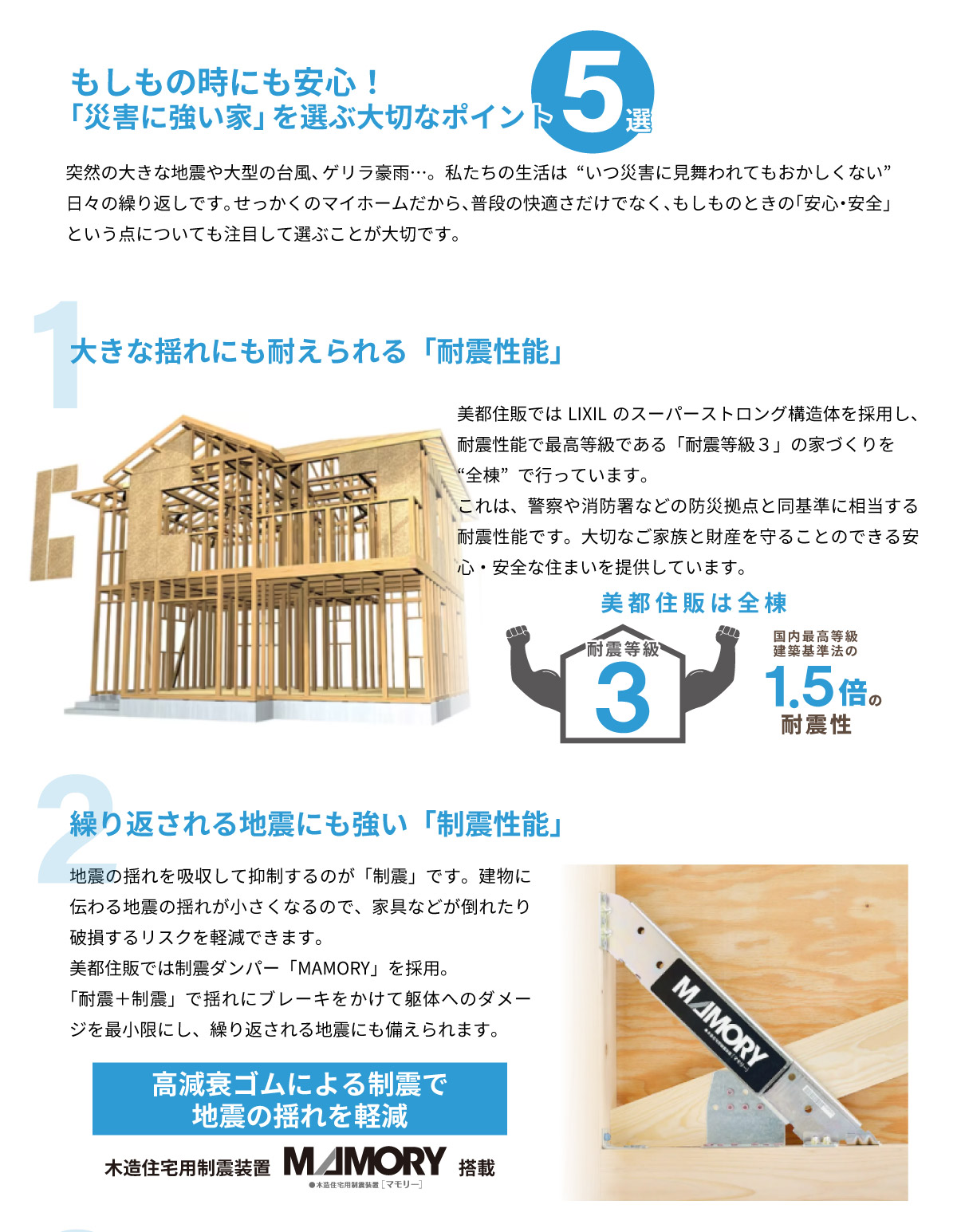 美都住販　建売　新築　戸建て　もしもの時にも安心！「災害に強い家」を選ぶ大切なポイント5選　突然の大きな地震や大型の台風、ゲリラ豪雨…。私たちの生活は“いつ災害に見舞われてもおかしくない”日々の繰り返しです。せっかくのマイホームだから、普段の快適さだけでなく、もしものときの「安心・安全」という点についても注目して選ぶことが大切です。　１ 大きな揺れにも耐えられる「耐震性能」 美都住販ではLIXILのスーパーストロング構造体を採用し、耐震性能で最高等級である「耐震等級３」の家づくりを“全棟”で行っています。これは、警察や消防署などの防災拠点と同基準に相当する耐震性能です。大切なご家族と財産を守ることのできる安心・安全な住まいを提供しています。 2 繰り返される地震にも強い「制震性能」地震の揺れを吸収して抑制するのが「制震」です。建物に伝わる地震の揺れが小さくなるので、家具などが倒れたり破損するリスクを軽減できます。美都住販では制震ダンパー「MAMORY」を採用。「耐震＋制震」で揺れにブレーキをかけて躯体へのダメージを最小限にし、繰り返される地震にも備えられます。 高減衰ゴムによる制震で地震の揺れを軽減 木造住宅用制震装置 MAMORY 搭載