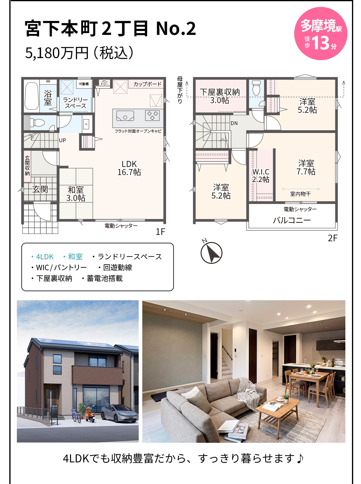宮下本町2丁目 No.2 5,180万円（税込） 多摩境駅徒歩13分 4LDK・和室・ランドリースペース・WIC/パントリー・回遊動線・下屋裏収納・蓄電池搭載。4LDKでも収納豊富だから、すっきり暮らせます♪