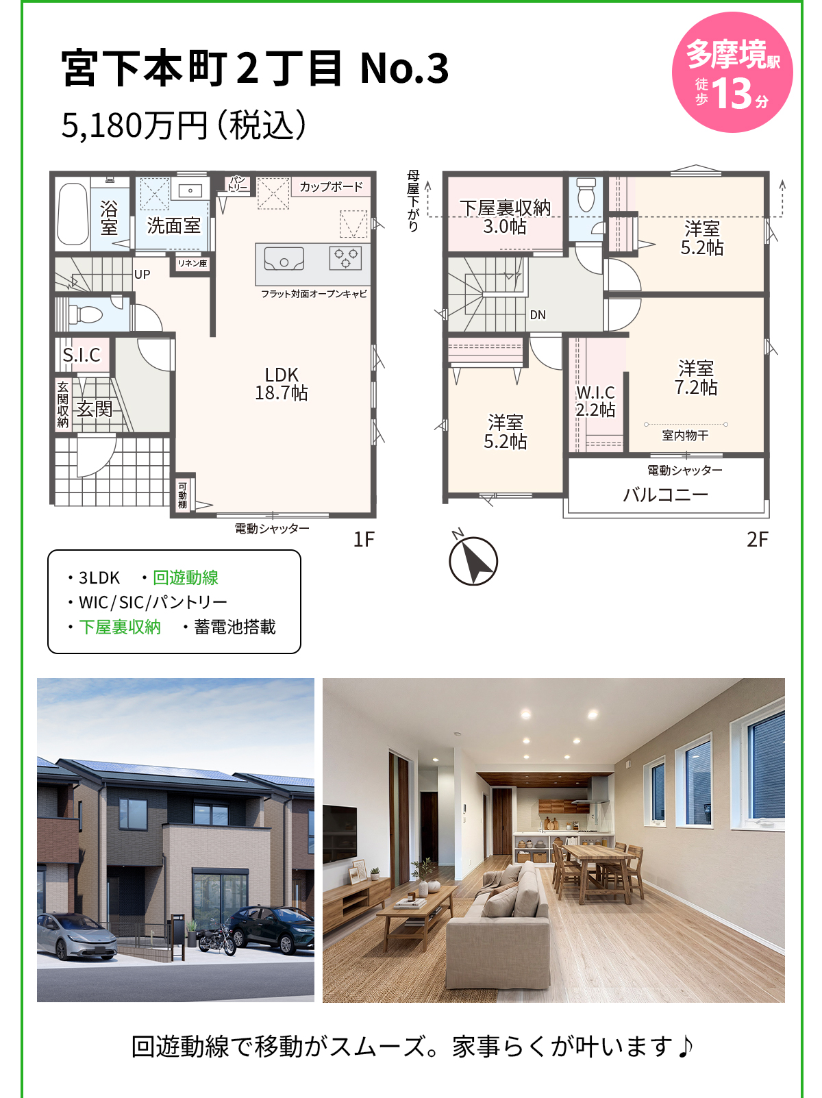 宮下本町2丁目 No.3 5,180万円（税込） 多摩境駅徒歩13分 3LDK・回遊動線・WIC/SIC/パントリー・下屋裏収納・蓄電池搭載。回遊動線で移動がスムーズ。家事らくが叶います♪